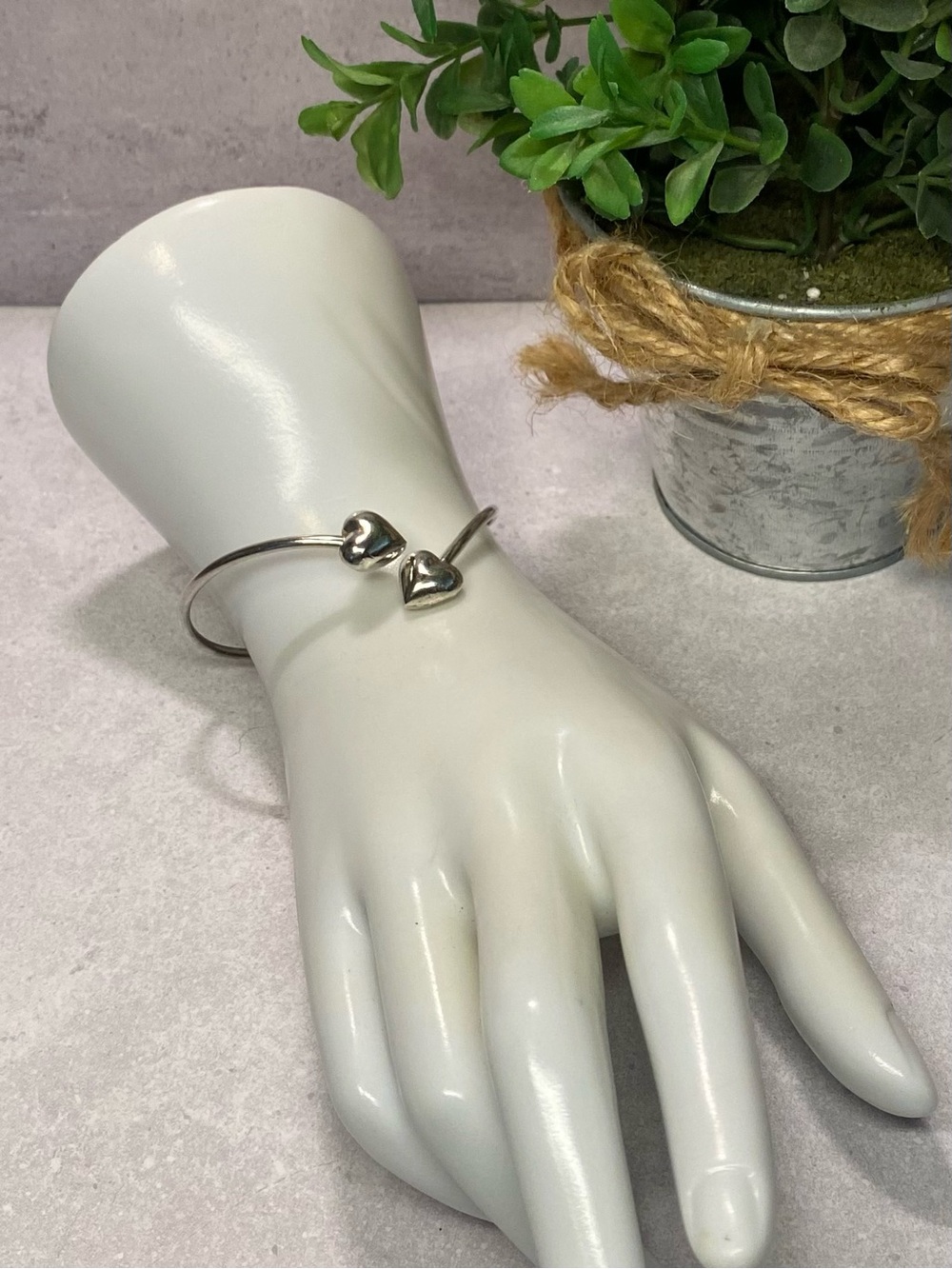 Vintage Sterling Silver Double Puff Heart Bypass Bangle Bracelet